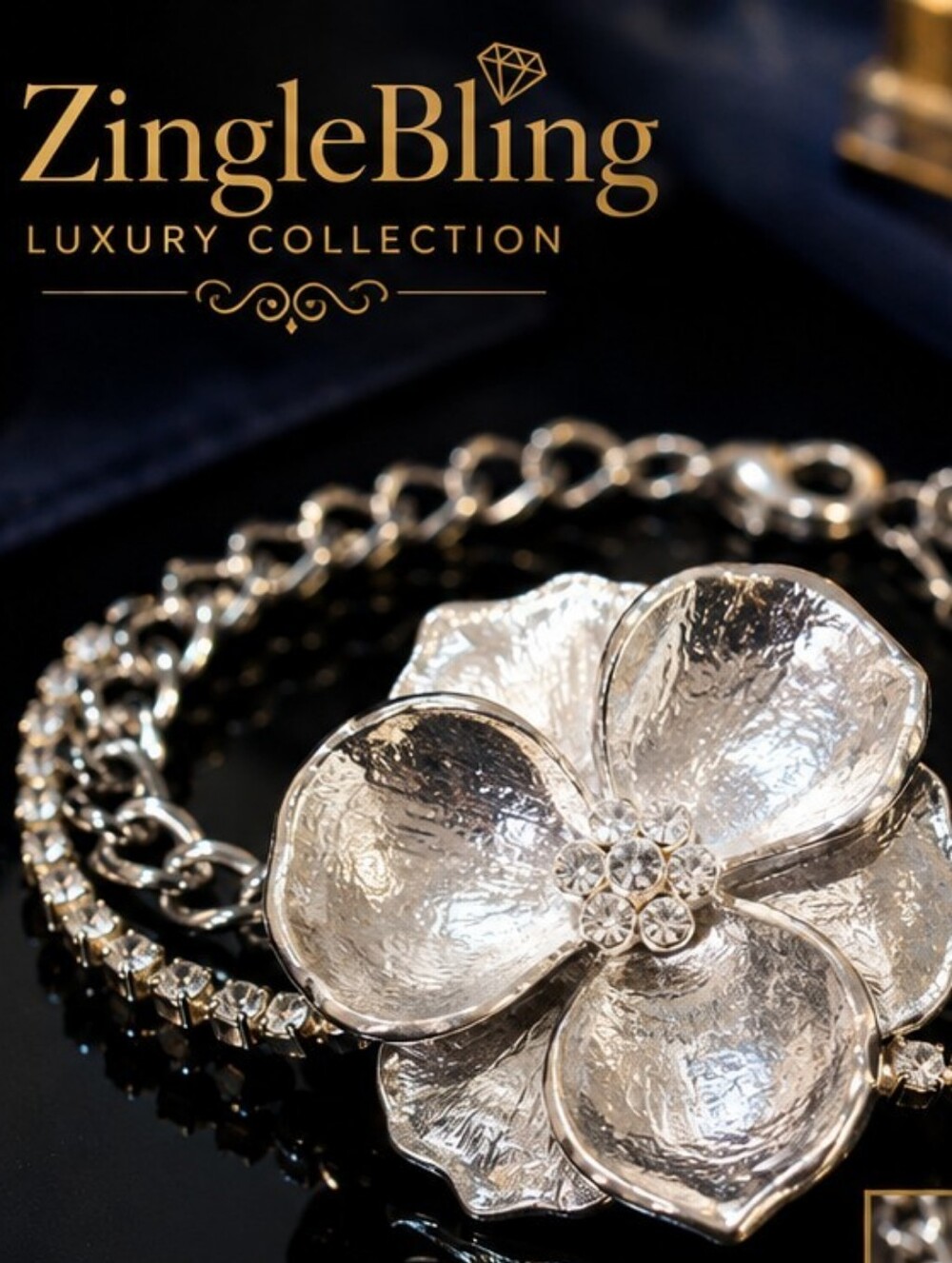 Vintage Silver Tone Statement Flower Rhinestone Double Chain Bracelet 7.25